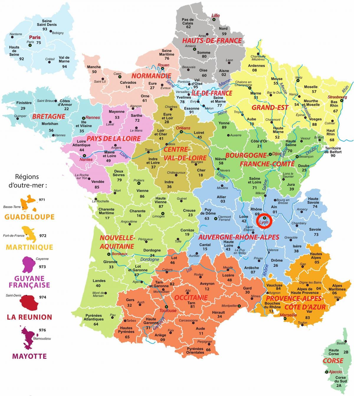 Лион на карте Овернь-Рона-Альпы - Франция